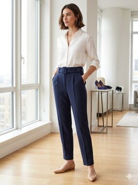 RW&CO. Navy High-Waist Belted Trousers